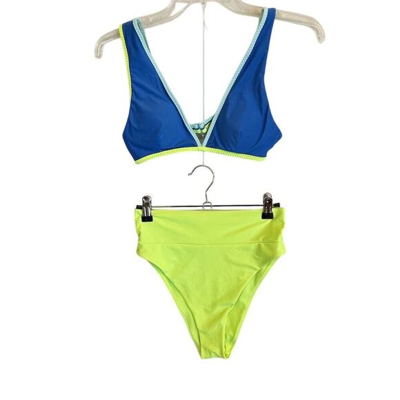 Aerie Women's Scoop V Neck Mesh Bikini Set Blue/Neon Green Size S - Picture 1 of 4